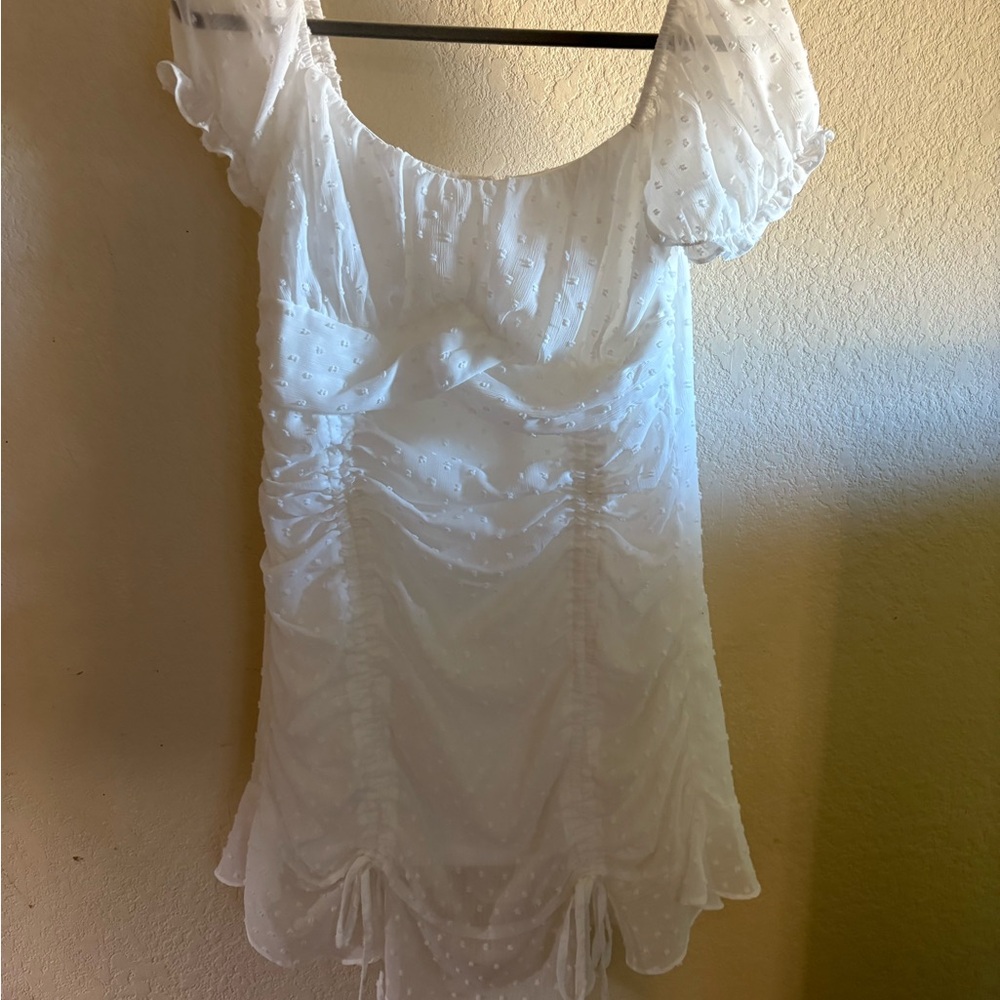 Vine tree White Ruched Dress with Puff Sleeves